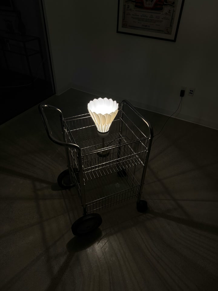 Shuttlecock Lamp glowing in a metal shopping cart