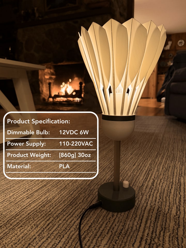 Shuttlecock Lamp beside a fireplace with an embedded product specification panel