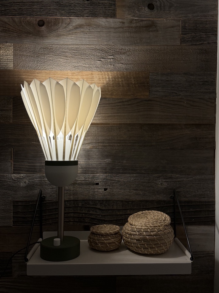 Shuttlecock Lamp glowing against dark wood